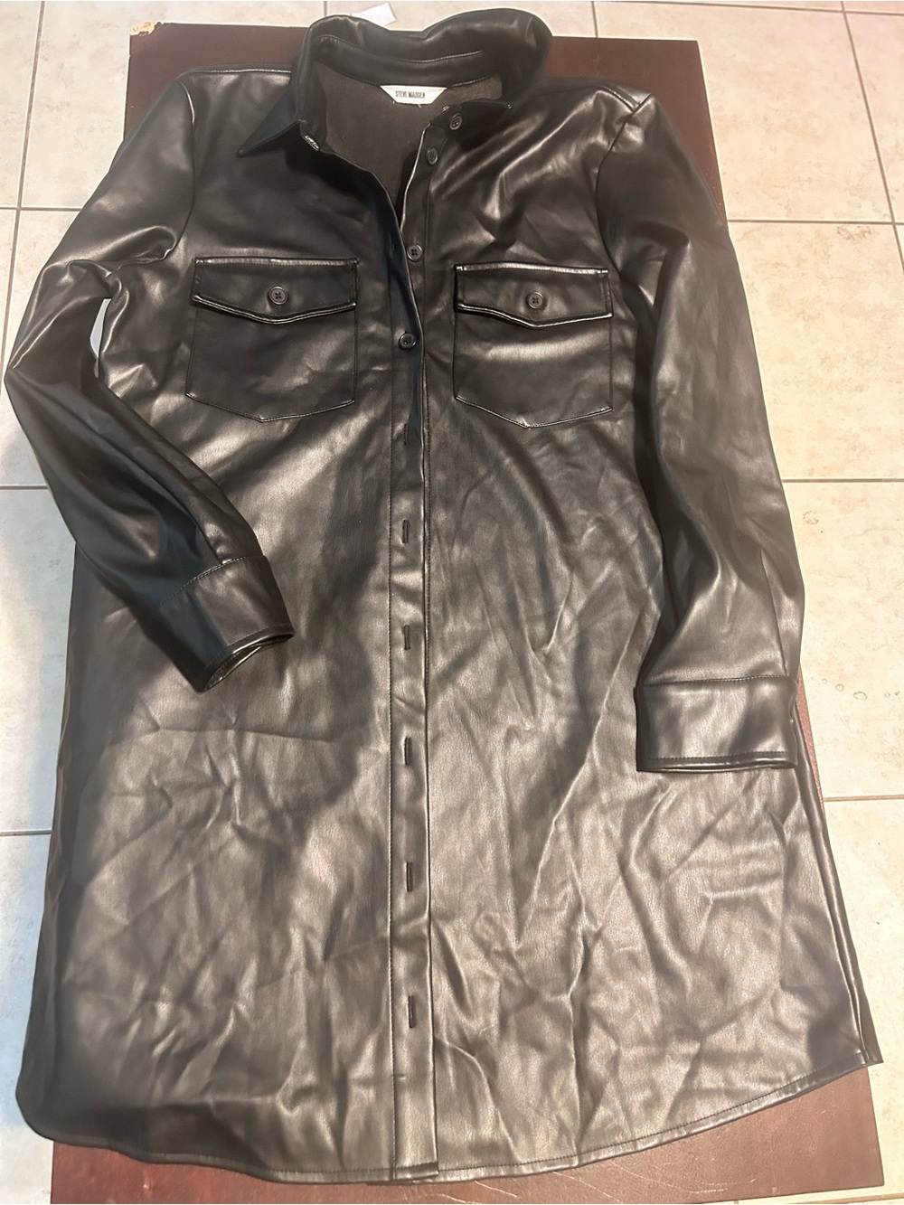 Steve Madden Black Faux Leather Long Trench Shirt Jacket